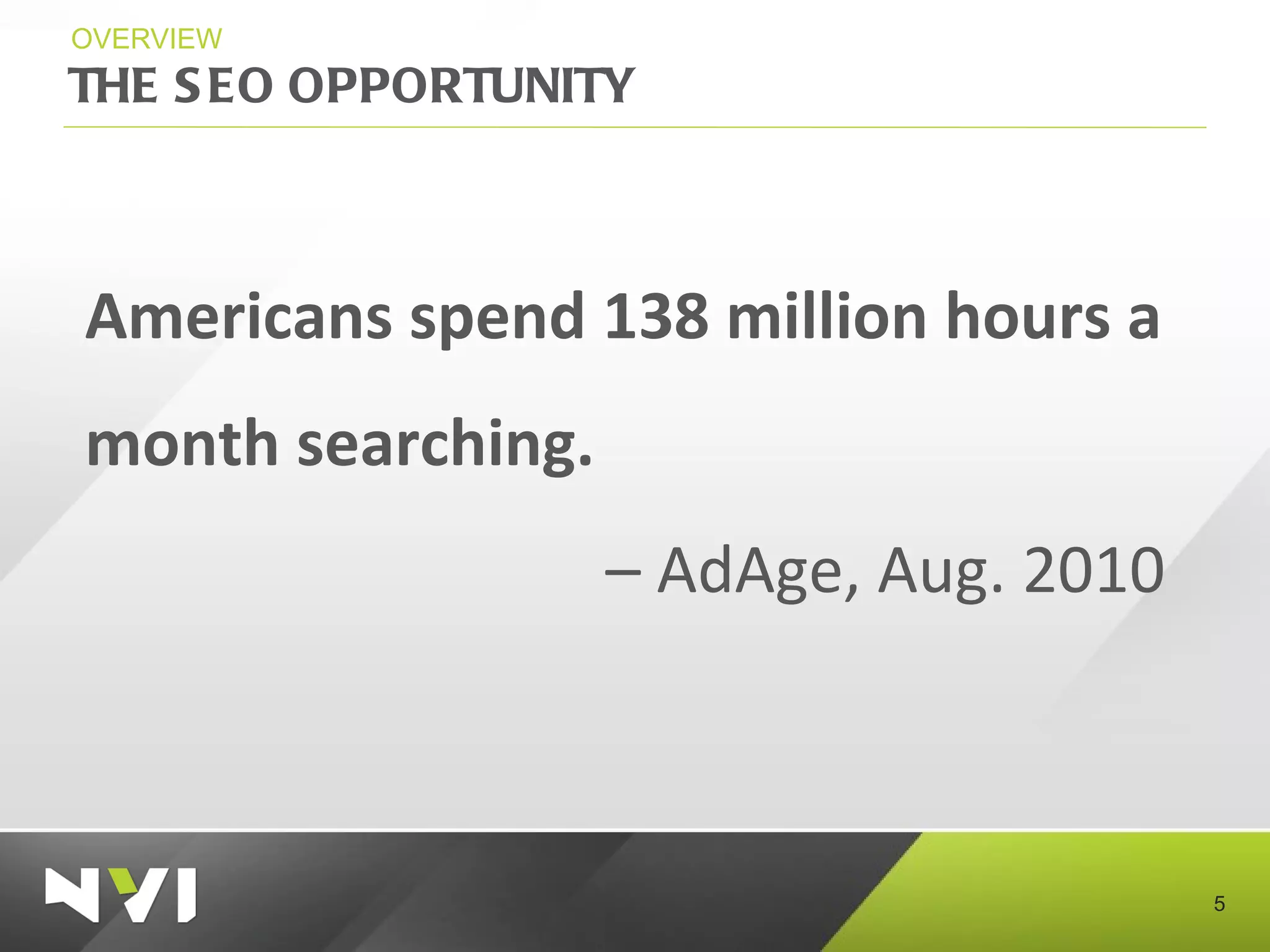 THE SEO OPPORTUNITY OVERVIEW Americans spend 138 million hours a month searching. –  AdAge, Aug. 2010 