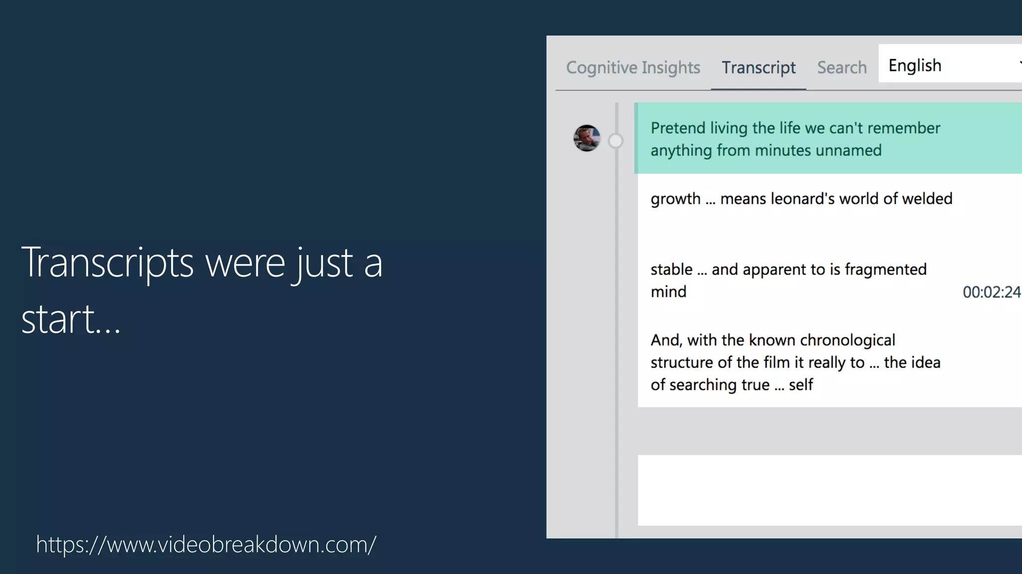 https://www.videobreakdown.com/
Transcripts were just a
start…
 