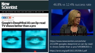https://www.newscientist.com/article/
2113299-googles-deepmind-ai-can-lip-read-
tv-shows-better-than-a-pro/?sf43896303=1
https://arxiv.org/pdf/1611.05358v1.pdf
46.8% vs 12.4% success rate
 