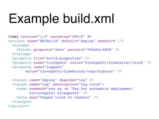 Example build.xml
<?xml version="1.0" encoding="UTF-8" ?>
<project name="BRIBuild" default="deploy" basedir=".">
  <tstamp>
    <format property="date" pattern="%Y%m%d-%H%M" />
  </tstamp>
  <property file="build.properties" />
  <property name="trunkpath" value="${svnpath}/${website}/trunk" />
  <property name="tagpath"
        value="${svnpath}/${website}/tags/${date}" />

  <target name="deploy" depends="tag" />
  <target name="tag" description="Tag trunk">
    <exec command="svn cp -m 'Tag for automatic deployment'
           ${trunkpath} ${tagpath}" />
    <echo msg="Tagged trunk to ${date}" />
  </target>
</project>
 