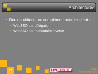 Architectures

●   Deux architectures complémentaires existent :
    ●    WebSSO par délégation
    ●    WebSSO par mandataire inverse




                                                            10/03/11
    12                                        http://lemonldap-ng.org
 