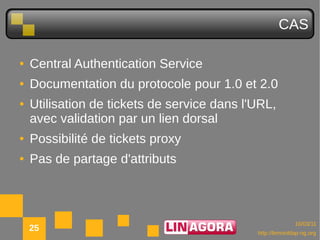 CAS

●   Central Authentication Service
●   Documentation du protocole pour 1.0 et 2.0
●   Utilisation de tickets de service dans l'URL,
    avec validation par un lien dorsal
●   Possibilité de tickets proxy
●   Pas de partage d'attributs



                                                           10/03/11
    25                                       http://lemonldap-ng.org
 