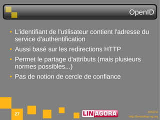 OpenID

●   L'identifiant de l'utilisateur contient l'adresse du
    service d'authentification
●   Aussi basé sur les redirections HTTP
●   Permet le partage d'attributs (mais plusieurs
    normes possibles...)
●   Pas de notion de cercle de confiance




                                                              10/03/11
    27                                          http://lemonldap-ng.org
 