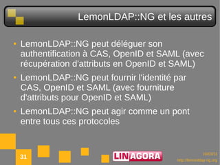 LemonLDAP::NG et les autres

●   LemonLDAP::NG peut déléguer son
    authentification à CAS, OpenID et SAML (avec
    récupération d'attributs en OpenID et SAML)
●   LemonLDAP::NG peut fournir l'identité par
    CAS, OpenID et SAML (avec fourniture
    d'attributs pour OpenID et SAML)
●   LemonLDAP::NG peut agir comme un pont
    entre tous ces protocoles


                                                        10/03/11
    31                                    http://lemonldap-ng.org
 