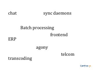 chat

sync daemons
Batch processing
frontend

ERP
agony
transcoding

telcom

 