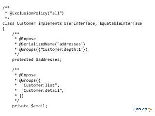 /**
* @ExclusionPolicy("all")
*/
class Customer implements UserInterface, EquatableInterface
{
/**
* @Expose
* @SerializedName("addresses")
* @Groups({"Customer:depth:1"})
*/
protected $addresses;
/**
* @Expose
* @Groups({
* "Customer:list",
* "Customer:detail",
* })
*/
private $email;

 