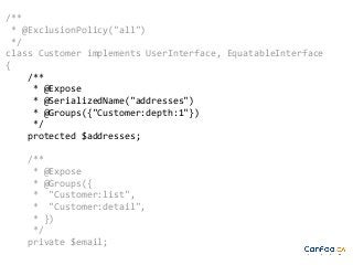 /**
* @ExclusionPolicy("all")
*/
class Customer implements UserInterface, EquatableInterface
{
/**
* @Expose
* @SerializedName("addresses")
* @Groups({"Customer:depth:1"})
*/
protected $addresses;
/**
* @Expose
* @Groups({
* "Customer:list",
* "Customer:detail",
* })
*/
private $email;

 