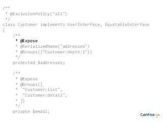 /**
* @ExclusionPolicy("all")
*/
class Customer implements UserInterface, EquatableInterface
{
/**
* @Expose
* @SerializedName("addresses")
* @Groups({"Customer:depth:1"})
*/
protected $addresses;
/**
* @Expose
* @Groups({
* "Customer:list",
* "Customer:detail",
* })
*/
private $email;

 