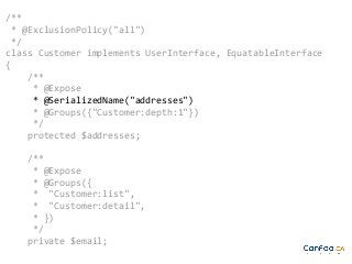 /**
* @ExclusionPolicy("all")
*/
class Customer implements UserInterface, EquatableInterface
{
/**
* @Expose
* @SerializedName("addresses")
* @Groups({"Customer:depth:1"})
*/
protected $addresses;
/**
* @Expose
* @Groups({
* "Customer:list",
* "Customer:detail",
* })
*/
private $email;

 