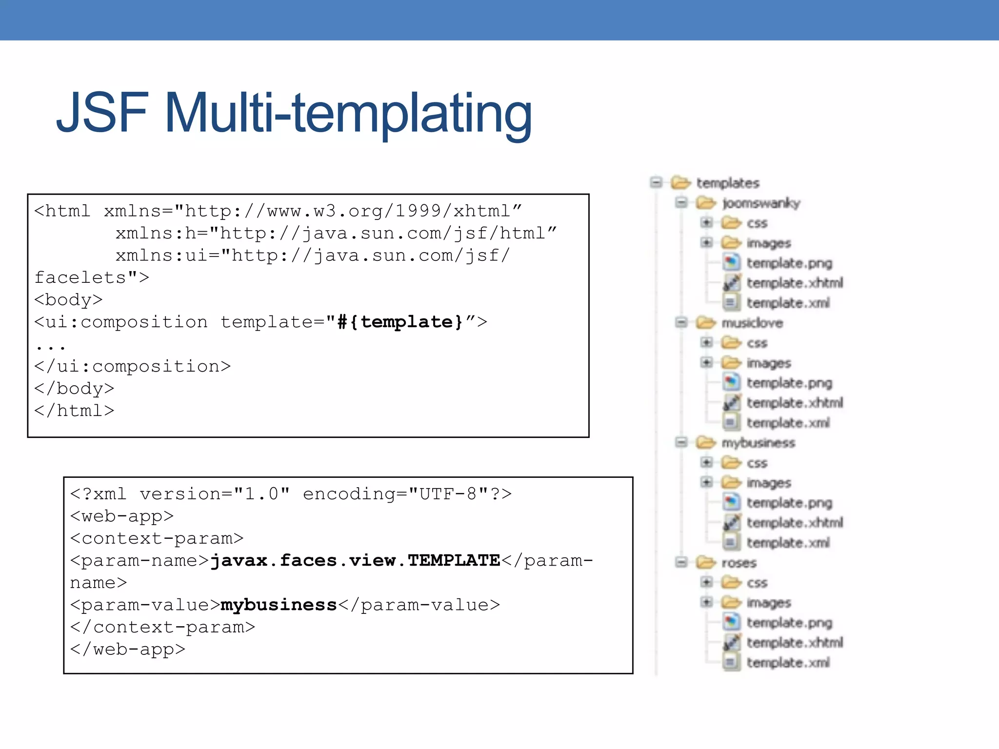 JSF Multi-templating
<html xmlns="http://www.w3.org/1999/xhtml”
xmlns:h="http://java.sun.com/jsf/html”
xmlns:ui="http://java.sun.com/jsf/
facelets">
<body>
<ui:composition template="#{template}”>
...
</ui:composition>
</body>
</html>
<?xml version="1.0" encoding="UTF-8"?>
<web-app>
<context-param>
<param-name>javax.faces.view.TEMPLATE</param-
name>
<param-value>mybusiness</param-value>
</context-param>
</web-app>
 
