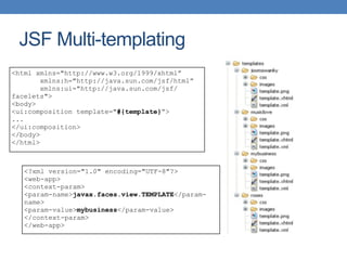 JSF Multi-templating
<html xmlns="http://www.w3.org/1999/xhtml”
xmlns:h="http://java.sun.com/jsf/html”
xmlns:ui="http://java.sun.com/jsf/
facelets">
<body>
<ui:composition template="#{template}”>
...
</ui:composition>
</body>
</html>
<?xml version="1.0" encoding="UTF-8"?>
<web-app>
<context-param>
<param-name>javax.faces.view.TEMPLATE</param-
name>
<param-value>mybusiness</param-value>
</context-param>
</web-app>
 