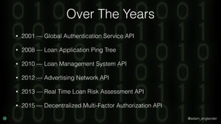 @adam_englander
Over The Years
• 2001 — Global Authentication Service API
• 2008 — Loan Application Ping Tree
• 2010 — Loan Management System API
• 2012 — Advertising Network API
• 2013 — Real Time Loan Risk Assessment API
• 2015 — Decentralized Multi-Factor Authorization API
 