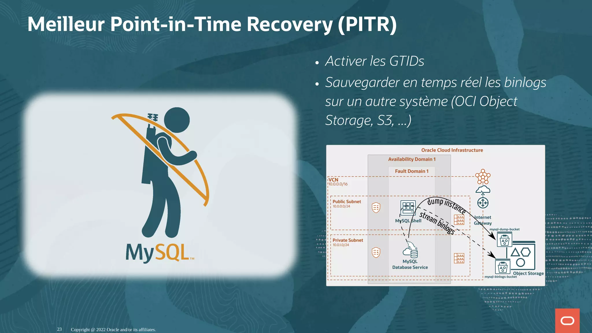 Activer les GTIDs Sauvegarder en temps réel les binlogs sur un autre système (OCI Object Storage, S3, ...) VCN 10.0.0.0/16 Public Subnet 10.0.0.0/24 Private Subnet 10.0.1.0/24 MySQL Shell MySQL Database Service Internet Gateway Oracle Cloud Infrastructure Availability Domain 1 Fault Domain 1 mysql-dump-bucket mysql-binlogs-bucket Object Storage dump instance streambinlogs Meilleur Point-in-Time Recovery (PITR) Copyright @ 2022 Oracle and/or its affiliates. 23 