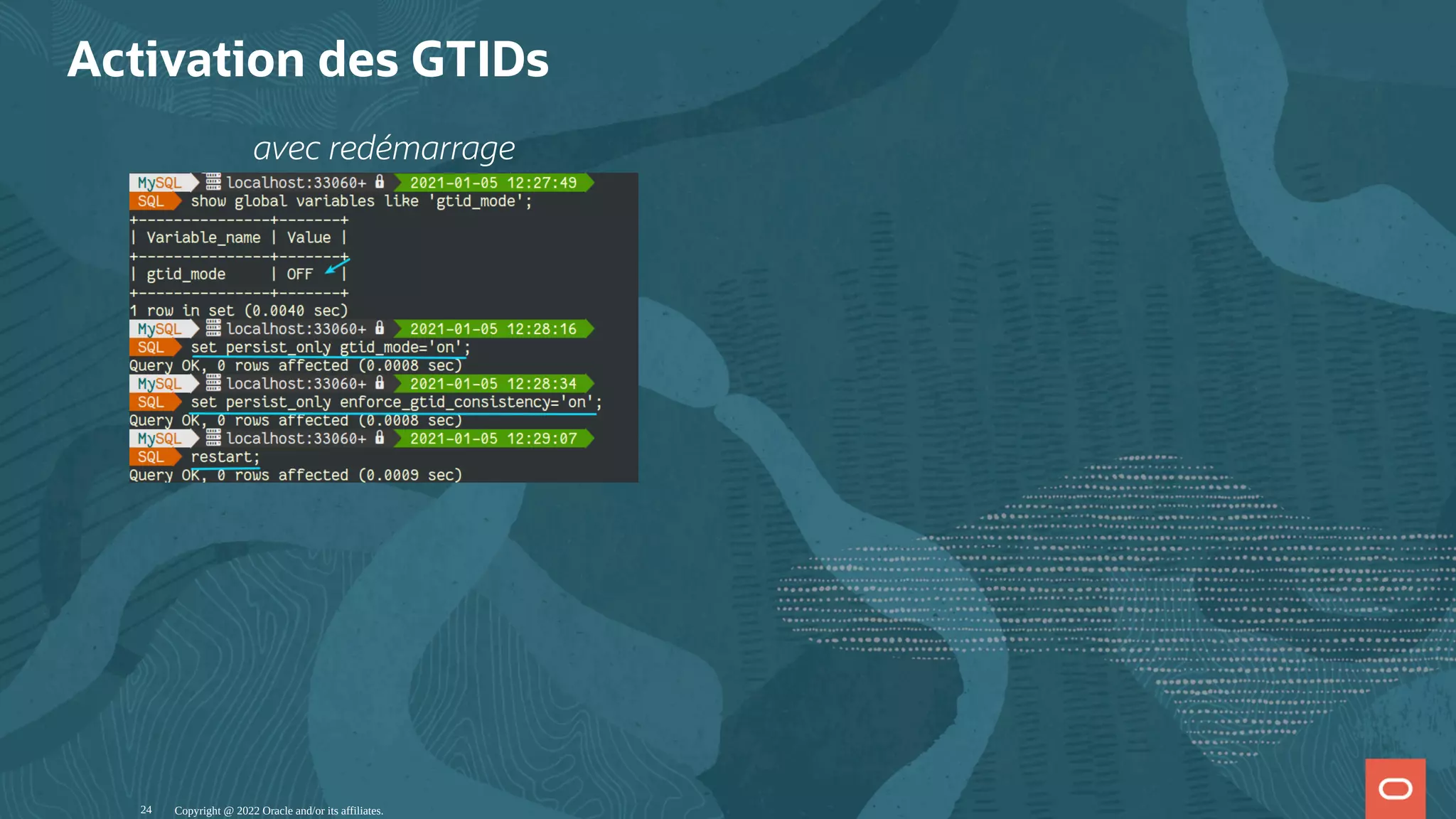 avec redémarrage Activation des GTIDs Copyright @ 2022 Oracle and/or its affiliates. 24 