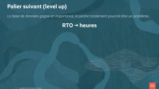 Palier suivant (level up)
La base de données gagne en importance, la perdre totalement pourrait être un problème...
RTO → heures
Copyright @ 2022 Oracle and/or its affiliates.
10
 