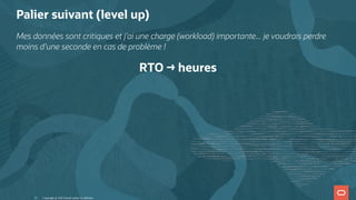 Palier suivant (level up)
Mes données sont critiques et j'ai une charge (workload) importante... je voudrais perdre
moins d'une seconde en cas de problème !
RTO → heures
Copyright @ 2022 Oracle and/or its affiliates.
22
 