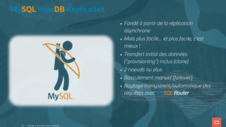 Fondé à partir de la réplication
asynchrone
Mais plus facile... et plus facile, c'est
mieux !
Transfert initial des données
("provisioning") inclus (clone)
2 noeuds ou plus
Basculement manuel (failover)
Routage transparent/automatique des
requêtes avec MySQL Router
MySQL InnoDB ReplicaSet
Copyright @ 2022 Oracle and/or its affiliates.
29
 