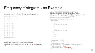 Frequency Histogram - an Example
select id,x from freq_histogram ;
+----+-----+
| id | x |
+----+-----+
| 1 | 101 |
| 2 | 101 |
| 3 | 102 |
| 4 | 102 |
| 5 | 102 |
| 6 | 104 |
+----+-----+
analyze table freq_histogram
update histogram on x with 3 buckets;
54
select JSON_PRETTY(HISTOGRAM->>"$") from
information_schema.column_statistics where
table_name='freq_histogram' and column_name='x'G
*************************** 1. row
***************************
JSON_PRETTY(HISTOGRAM->>"$"): {
"buckets": [
[
101,
0.3333333333333333
],
[
102,
0.8333333333333333
],
[
104,
1.0
]
],
"data-type": "int",
"null-values": 0.0,
"collation-id": 8,
"last-updated": "2020-06-16 19:54:21.033017",
"sampling-rate": 1.0,
"histogram-type": "singleton",
"number-of-buckets-specified": 3
}
 