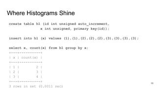 Where Histograms Shine
create table h1 (id int unsigned auto_increment,
x int unsigned, primary key(id));
insert into h1 (x) values (1),(1),(2),(2),(2),(3),(3),(3),(3);
select x, count(x) from h1 group by x;
+---+----------+
| x | count(x) |
+---+----------+
| 1 | 2 |
| 2 | 3 |
| 3 | 4 |
+---+----------+
3 rows in set (0.0011 sec)
58
 