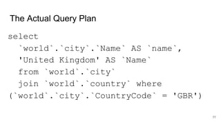 The Actual Query Plan
select
`world`.`city`.`Name` AS `name`,
'United Kingdom' AS `Name`
from `world`.`city`
join `world`.`country` where
(`world`.`city`.`CountryCode` = 'GBR')
77
 