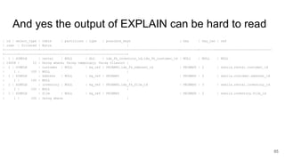 And yes the output of EXPLAIN can be hard to read
| id | select_type | table | partitions | type | possible_keys | key | key_len | ref
| rows | filtered | Extra |
+----+-------------+-----------+------------+--------+----------------------------------------+---------+---------+----------------------------
+-------+----------+----------------------------------------------+
| 1 | SIMPLE | rental | NULL | ALL | idx_fk_inventory_id,idx_fk_customer_id | NULL | NULL | NULL
| 16008 | 10 | Using where; Using temporary; Using filesort |
| 1 | SIMPLE | customer | NULL | eq_ref | PRIMARY,idx_fk_address_id | PRIMARY | 2 | sakila.rental.customer_id
| 1 | 100 | NULL |
| 1 | SIMPLE | address | NULL | eq_ref | PRIMARY | PRIMARY | 2 | sakila.customer.address_id
| 1 | 100 | NULL |
| 1 | SIMPLE | inventory | NULL | eq_ref | PRIMARY,idx_fk_film_id | PRIMARY | 3 | sakila.rental.inventory_id
| 1 | 100 | NULL |
| 1 | SIMPLE | film | NULL | eq_ref | PRIMARY | PRIMARY | 2 | sakila.inventory.film_id
| 1 | 100 | Using where |
85
 