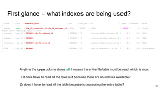 First glance – what indexes are being used?
| table | type | possible_keys | key | key_len | ref | rows | filtered | Extra
|
| rental | ALL | idx_fk_inventory_id,idx_fk_customer_id | NULL | NULL | NULL | 16008 | 10 | Using
where; Using temporary; Using filesort |
| customer | eq_ref | PRIMARY,idx_fk_address_id | PRIMARY | 2 | sakila.rental.customer_id | 1 | 100 | NULL
|
| address | eq_ref | PRIMARY | PRIMARY | 2 | sakila.customer.address_id | 1 | 100 | NULL
|
| inventory | eq_ref | PRIMARY,idx_fk_film_id | PRIMARY | 3 | sakila.rental.inventory_id | 1 | 100 | NULL
|
| film | eq_ref | PRIMARY | PRIMARY | 2 | sakila.inventory.film_id | 1 | 100 | Using where
|
90
Anytime the type column shows all it means the entire file/table must be read, which is slow.
If it does have to read all the rows is it because there are no indexes available?
Or does it have to read all the table because is processing the entire table?
 