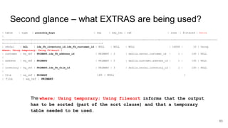 Second glance – what EXTRAS are being used?
| table | type | possible_keys | key | key_len | ref | rows | filtered | Extra
|
+----+-------------+-----------+------------+--------+----------------------------------------+---------+---------+----------------------------
+-------+----------+----------------------------------------------+
| rental | ALL | idx_fk_inventory_id,idx_fk_customer_id | NULL | NULL | NULL | 16008 | 10 | Using
where; Using temporary; Using filesort |
| customer | eq_ref | PRIMARY,idx_fk_address_id | PRIMARY | 2 | sakila.rental.customer_id | 1 | 100 | NULL
|
| address | eq_ref | PRIMARY | PRIMARY | 2 | sakila.customer.address_id | 1 | 100 | NULL
|
| inventory | eq_ref | PRIMARY,idx_fk_film_id | PRIMARY | 3 | sakila.rental.inventory_id | 1 | 100 | NULL
|
| film | eq_ref | PRIMARY 100 | NULL |
| film | eq_ref | PRIMARY
93
The where; Using temporary; Using filesort informs that the output
has to be sorted (part of the sort clause) and that a temporary
table needed to be used.
 
