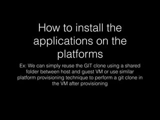 How to install the
applications on the
platforms
Ex: We can simply reuse the GIT clone using a shared
folder between host and guest VM or use similar
platform provisioning technique to perform a git clone in
the VM after provisioning
 