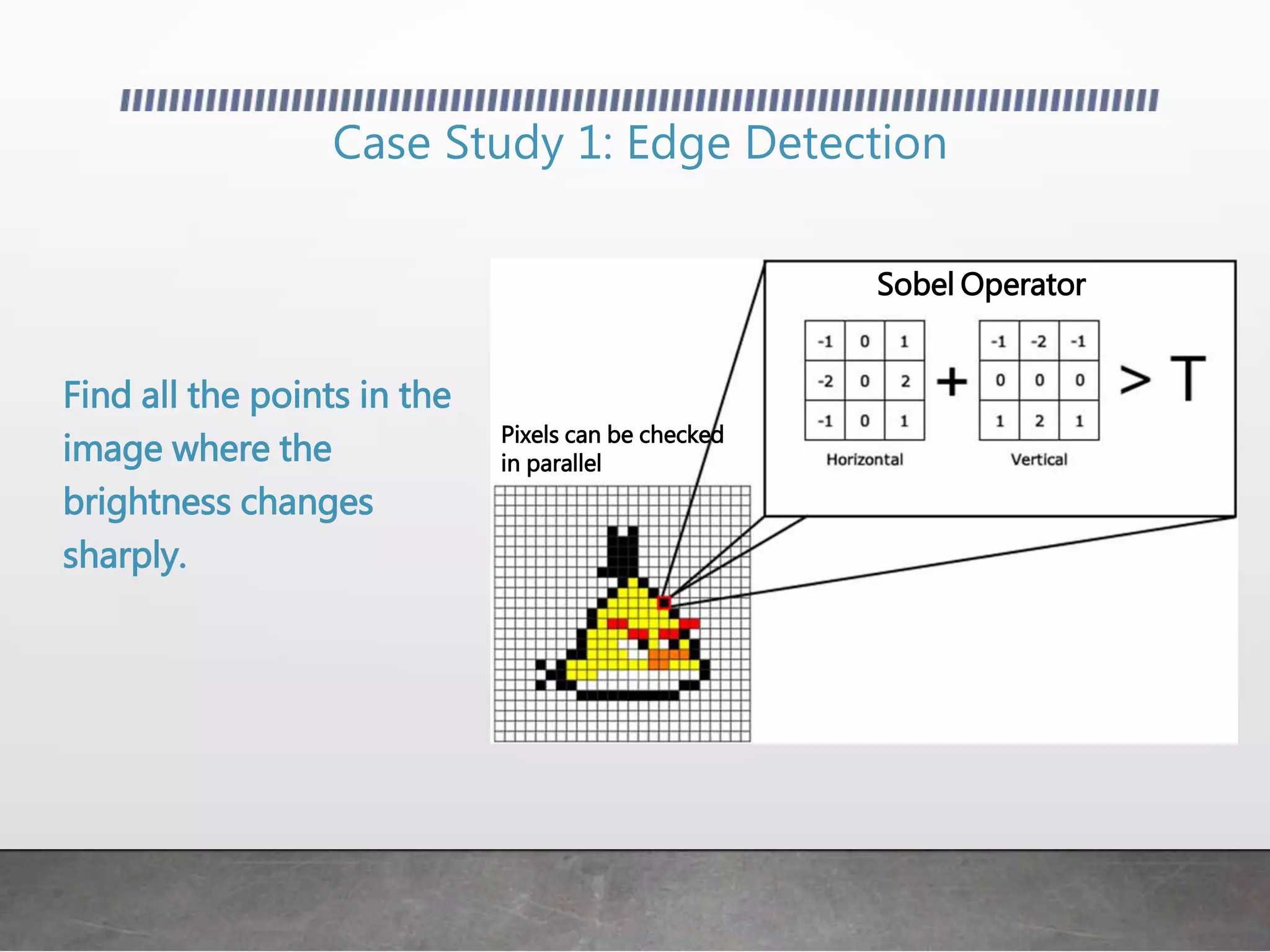 Case Study 1: Edge Detection
Sobel Operator
Pixels can be checked
in parallel
Find all the points in the
image where the
brightness changes
sharply.
 