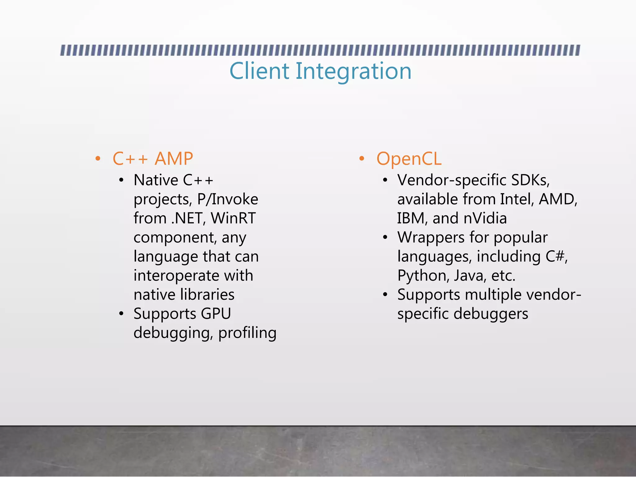 • OpenCL
• Vendor-specific SDKs,
available from Intel, AMD,
IBM, and nVidia
• Wrappers for popular
languages, including C#,
Python, Java, etc.
• Supports multiple vendor-
specific debuggers
Client Integration
• C++ AMP
• Native C++
projects, P/Invoke
from .NET, WinRT
component, any
language that can
interoperate with
native libraries
• Supports GPU
debugging, profiling
 