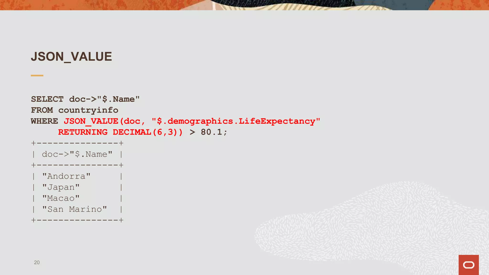 JSON_VALUE
SELECT doc->"$.Name"
FROM countryinfo
WHERE JSON_VALUE(doc, "$.demographics.LifeExpectancy"
RETURNING DECIMAL(6,3)) > 80.1;
+---------------+
| doc->"$.Name" |
+---------------+
| "Andorra" |
| "Japan" |
| "Macao" |
| "San Marino" |
+---------------+
20
 