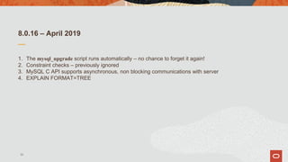 8.0.16 – April 2019
1. The mysql_upgrade script runs automatically – no chance to forget it again!
2. Constraint checks – previously ignored
3. MySQL C API supports asynchronous, non blocking communications with server
4. EXPLAIN FORMAT=TREE
36
 