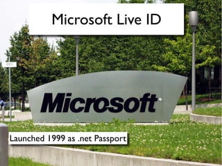 Microsoft Live ID




Launched 1999 as .net Passport
 