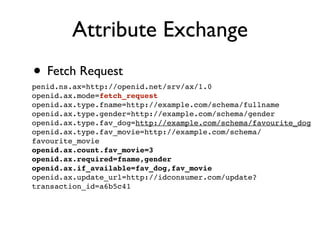 Attribute Exchange
• Fetch Request
penid.ns.ax=http://openid.net/srv/ax/1.0
openid.ax.mode=fetch_request
openid.ax.type.fname=http://example.com/schema/fullname
openid.ax.type.gender=http://example.com/schema/gender
openid.ax.type.fav_dog=http://example.com/schema/favourite_dog
openid.ax.type.fav_movie=http://example.com/schema/
favourite_movie
openid.ax.count.fav_movie=3
openid.ax.required=fname,gender
openid.ax.if_available=fav_dog,fav_movie
openid.ax.update_url=http://idconsumer.com/update?
transaction_id=a6b5c41
 
