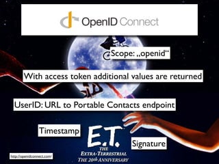 Scope: „openid“

       With access token additional values are returned


  UserID: URL to Portable Contacts endpoint

                 Timestamp
                                    Signature
http://openidconnect.com/
 