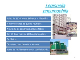 10 
Legionella 
pneumophila 
Julho de 1976, Hotel Bellevue – Filadélfia 
4 mil veteranos de guerra reunidos 
No 2o dia de congresso, alguns febris. 
Em 10 dias, mais de 200 contaminados. 
34 óbitos. 
06 meses para descobrir a causa. 
Torre de resfriamento do ar condicionado. 
 