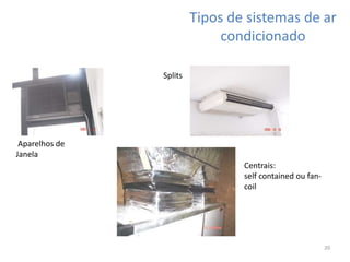 Tipos de sistemas de ar 
20 
Aparelhos de 
Janela 
Splits 
condicionado 
Centrais: 
self contained ou fan-coil 
 