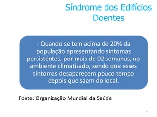 Síndrome dos Edifícios 
9 
Doentes 
- Quando se tem acima de 20% da 
população apresentando sintomas 
persistentes, por mais de 02 semanas, no 
ambiente climatizado, sendo que esses 
sintomas desaparecem pouco tempo 
depois que saem do local. 
Fonte: Organização Mundial da Saúde 
 
