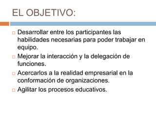 EL OBJETIVO:
   Desarrollar entre los participantes las
    habilidades necesarias para poder trabajar en
    equipo.
   Mejorar la interacción y la delegación de
    funciones.
   Acercarlos a la realidad empresarial en la
    conformación de organizaciones.
   Agilitar los procesos educativos.
 