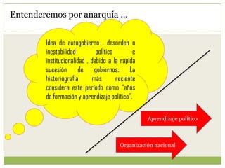 Entenderemos por anarquía …
Idea de autogobierno , desorden o
inestabilidad política e
institucionalidad , debido a la rápida
sucesión de gobiernos. La
historiografía más reciente
considera este período como “años
de formación y aprendizaje político”.
Aprendizaje político
Organización nacional
 