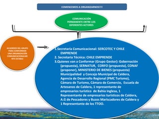 COMENCEMOS A ORGANIZARNOS!!!! COMUNICACIÓN PERMANENTE ENTRE LOS DIFERENTES ACTORES 1.Secretaría Comunicacional: SERCOTEC Y CHILE EMPRENDE 2. Secretaria Técnica: CHILE EMPRENDE 3.Quienes van a Conformar (Grupo Gestor): Gobernación (propuesta), SERNATUR,  CORFO (propuesta), CONAF (proponer), MINISTERIO DE BIENES (propuesta)  Municipalidad  y Concejo Municipal de Caldera,  Agencia de Desarrollo Regional (PMC Turismo), Cámara de Turismo, Cámara de Comercio,  Escuela de Artesanos de Caldera, 1 representante de empresarios turístico  de Bahía Inglesa, 1 Representante de empresarios turísticos de Caldera, A.G de Pescadores y Buzos Mariscadores de Caldera y 1 Representante de los TTOO. ACUERDOS DEL GRUPO PARA CONFORMAR UNA ORGANIZACIÓN COMUNICACIONALMENTE ESTABLE 