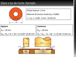 Claro o luz de Corte: Ejemplo
Chapa Espesor: 3 mm
Material de dureza media (AC= 0,060)
c = AC. t = 0,06 . 3 mm = 0,18 mm
Agujero
DP = 10 mm
DM = DP + 2c = 10 + 2 x 0,18= 10,36 mm
Contorno
DM = 28 mm
DP = DM – 2c = 28 – 2 x 0,18= 27,64 mm
 