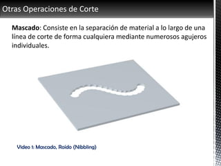 Otras Operaciones de Corte
Mascado: Consiste en la separación de material a lo largo de una
línea de corte de forma cualquiera mediante numerosos agujeros
individuales.
Video 1: Mascado, Roído (Nibbling)
 