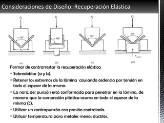 Consideraciones de Diseño: Recuperación Elástica
Formar de contrarrestar la recuperación elástica
 Sobredoblar (a y b).
 Retener los extremos de la lámina causando cedencia por tensión en
todo el espesor de la misma.
 La nariz del punzón está conformada para penetrar en la lámina, de
manera que la compresión plástica ocurra en todo el espesor de la
misma (c).
 Utilizar un contrapunzón con presión controlada.
 Utilizar temperatura para metales menos dúctiles.
 