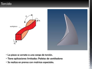 Torcido
 La pieza se somete a una carga de torsión.
 Tiene aplicaciones limitadas: Paletas de ventiladores
 Se realiza en prensa con matrices especiales.
 