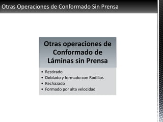 Otras Operaciones de Conformado Sin Prensa
Otras operaciones de
Conformado de
Láminas sin Prensa
• Restirado
• Doblado y formado con Rodillos
• Rechazado
• Formado por alta velocidad
 