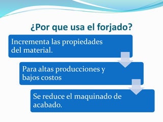 ¿Por que usa el forjado? 
Incrementa las propiedades 
del material. 
Para altas producciones y 
bajos costos 
Se reduce el maquinado de 
acabado. 
 