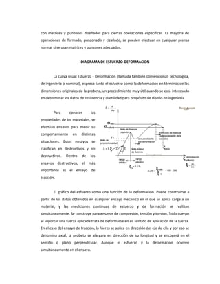 con matrices y punzones diseñados para ciertas operaciones específicas. La mayoría de
operaciones de formado, punzonado y cizallado, se pueden efectuar en cualquier prensa
normal si se usan matrices y punzones adecuados.
DIAGRAMA DE ESFUERZO-DEFORMACION
La curva usual Esfuerzo - Deformación (llamada también convencional, tecnológica,
de ingeniería o nominal), expresa tanto el esfuerzo como la deformación en términos de las
dimensiones originales de la probeta, un procedimiento muy útil cuando se está interesado
en determinar los datos de resistencia y ductilidad para propósito de diseño en ingeniería.
Para conocer las
propiedades de los materiales, se
efectúan ensayos para medir su
comportamiento en distintas
situaciones. Estos ensayos se
clasifican en destructivos y no
destructivos. Dentro de los
ensayos destructivos, el más
importante es el ensayo de
tracción.
El gráfico del esfuerzo como una función de la deformación. Puede construirse a
partir de los datos obtenidos en cualquier ensayo mecánico en el que se aplica carga a un
material, y las mediciones continuas de esfuerzo y de formación se realizan
simultáneamente. Se construye para ensayos de compresión, tensión y torsión. Todo cuerpo
al soportar una fuerza aplicada trata de deformarse en el sentido de aplicación de la fuerza.
En el caso del ensayo de tracción, la fuerza se aplica en dirección del eje de ella y por eso se
denomina axial, la probeta se alargara en dirección de su longitud y se encogerá en el
sentido o plano perpendicular. Aunque el esfuerzo y la deformación ocurren
simultáneamente en el ensayo.
 