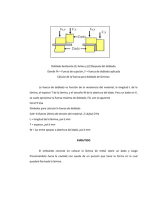 Doblado deslizante (1) Antes y (2) Después del doblado.
Donde Fh = Fuerza de sujeción, F = fuerza de doblado aplicada
Cálculo de la fuerza para doblado de láminas:
La fuerza de doblado es función de la resistencia del material, la longitud L de la
lámina, el espesor T de la lámina, y el tamaño W de la abertura del dado. Para un dado en V,
se suele aproximar la fuerza máxima de doblado, FD, con la siguiente
Fd=LT2 S/w
Símbolos para calcular la fuerza de doblado
Sult= Esfuerzo último de tensión del material, 2 Lb/pul O Pa
L = longitud de la lámina, pul ó mm
T = espesor, pul ó mm
W = luz entre apoyos o abertura del dado, pul ó mm
EMBUTIDO
El embutido consiste en colocar la lámina de metal sobre un dado y luego
Presionándolo hacia la cavidad con ayuda de un punzón que tiene la forma en la cual
quedará formada la lámina.
 