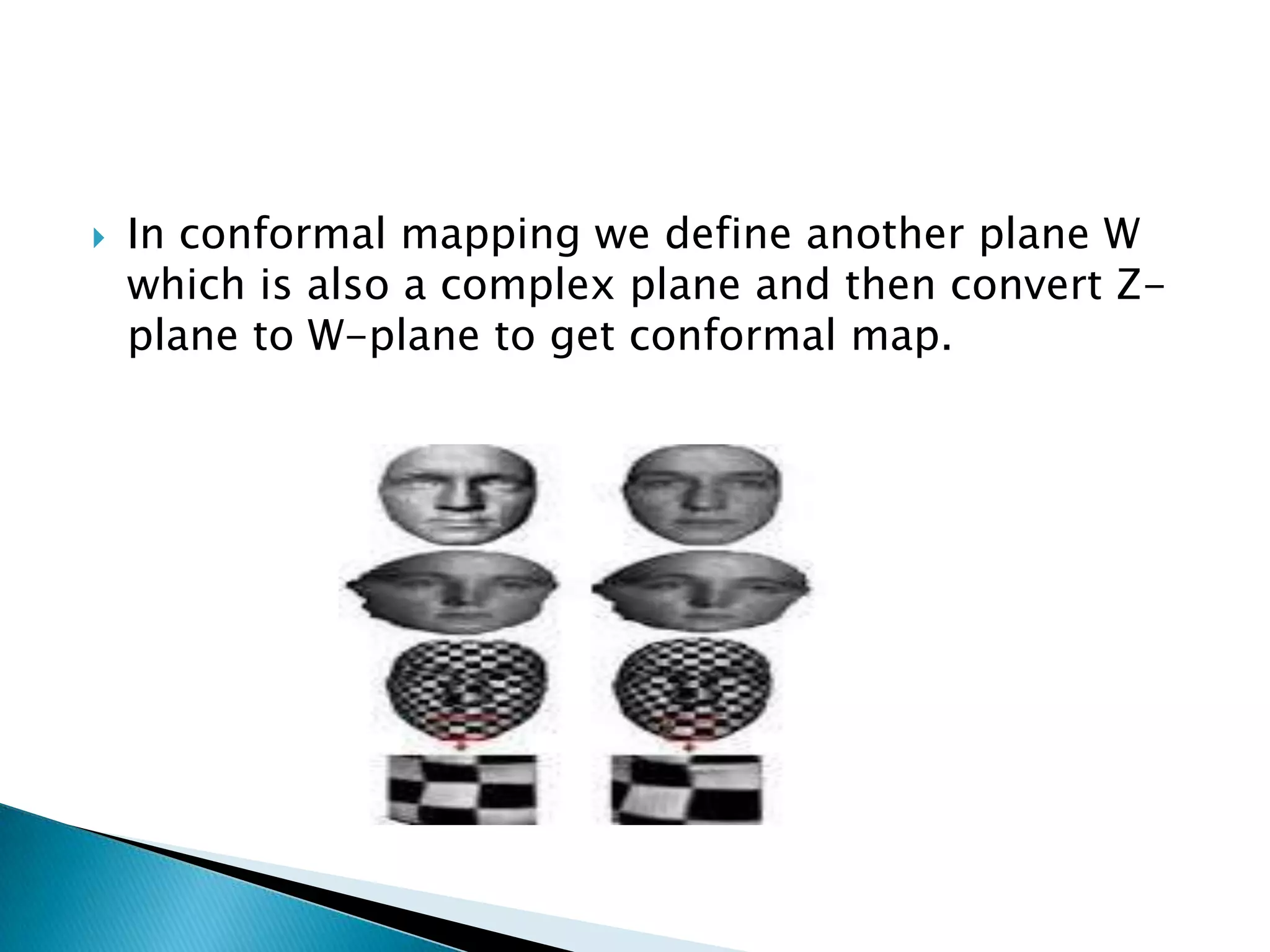  In conformal mapping we define another plane W
which is also a complex plane and then convert Z-
plane to W-plane to get conformal map.
 
